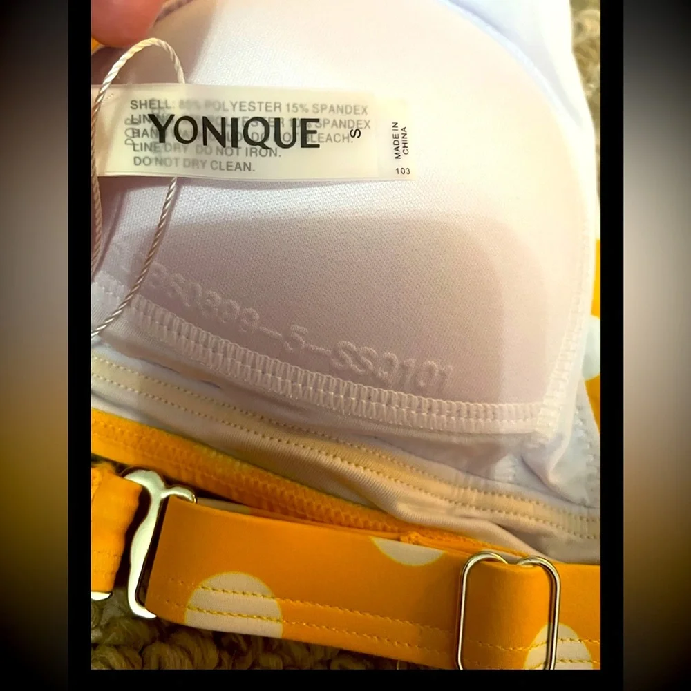 Yonique Yellow polkadot Bikini 2Pc Push Up Halter Top Vintage Style Bottoms NWT